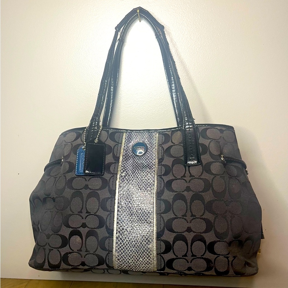 Coach F24882 Black Signature Python Print Stripe Tote Bag Large Shoulder Handbag